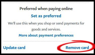 paypal screen with highlighted link to remove card