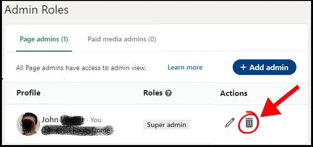 highlighted icon to delete an admin from a LinkedIn page